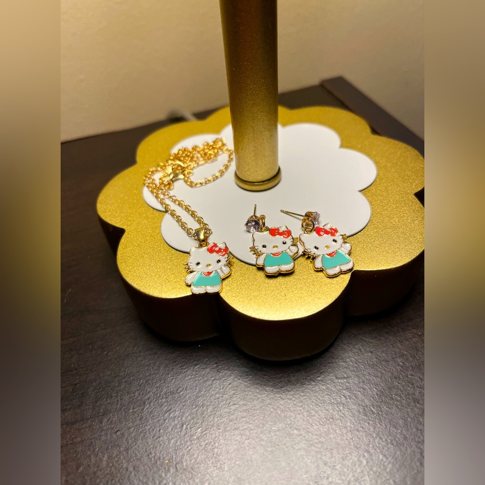 Hello Kitty inspired necklace and earring set -Teal  Dress & gold tone